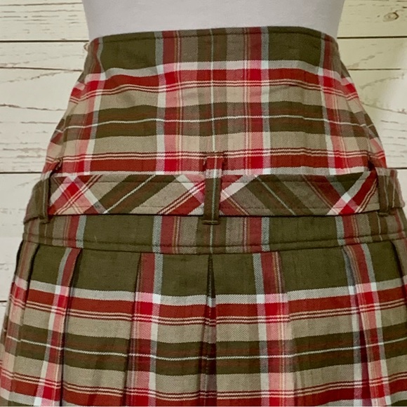 Escada Plaid Tartan Pleated Double Buckle MIDI Skirt Olive Green Red - Picture 11 of 16